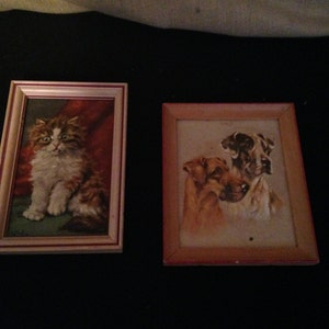 May include: Two framed vintage paintings. One shows a fluffy cat with brown and white fur, against a red background. The other depicts three dogs in shades of brown and tan.
