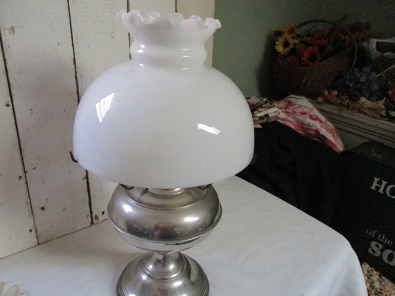 Wonderful Antique Nickel Plated Rayo Kerosene Oil Lamp With White