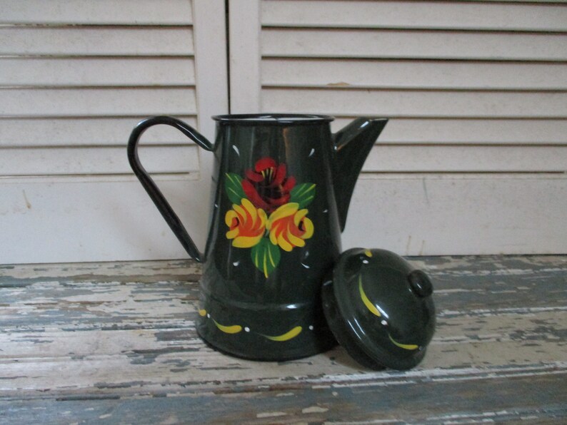 Hand Painted Enamel Ware Pitcher Green Pitcher With Lid Hand Etsy