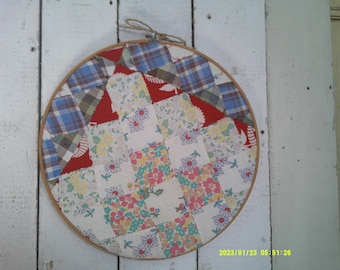 Large 12 inch  Embroidery Hoop with Handstitched Quilt