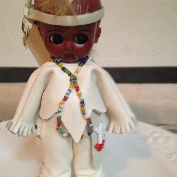 Little Indian Souvenir, White Leather Suit and Shoes, Colored Beads, Leather Head Band and Pouch for Bow and Arrows, Mohawk Head Dress