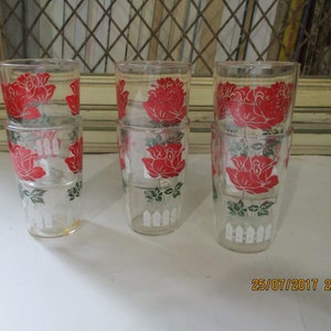 Juice Glasses, set of 6 glasses, Red Flowers with White Picket Fence. Vintage Glass Set
