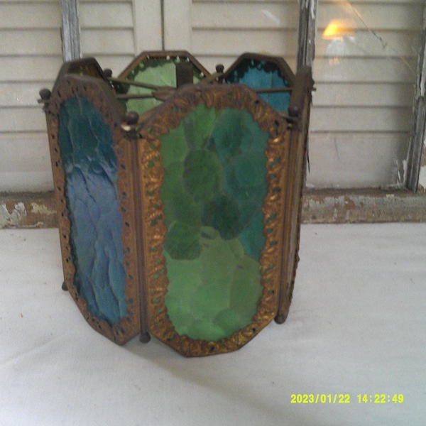 What a Beauty, Brass 6 Panel Lamp Shade, Gold Ornate Trim around each piece of Glass, Gold, Blue and Green Glass, Measures 8 inches tall.