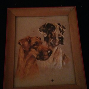 May include: A framed print depicting two dogs, one with reddish-brown fur and the other with a mix of brown and white. The artwork is set within a wooden frame with a red inner edge, creating a classic aesthetic.