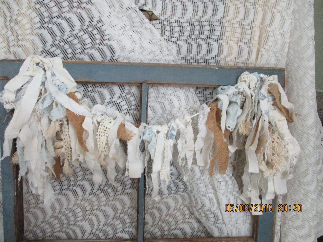 Handmade Rag Swag, 40 Inches Long, Burlap, Lace, Embroided Pillow Cases