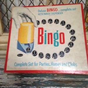 1957 Whitman Deluxe BINGO Set con dispensador mágico - Para fiestas, hogares, clubes