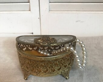 Gold Ornate Jewelry Holder, Gold Velvet Lining, Hinged Lid, Vintage Gold ormolu & Guilloche, the sides have a filigree design