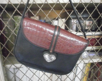 Brighton Leather Shoulder Bag Black Leather and Brown Reptile Print