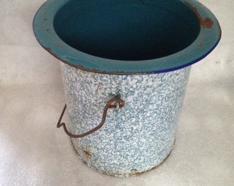Very Rare Enamel Pot Charming Old Graniteware Bail Handle Pot Blue & White Mottled Speckled Enamelware French Country Rustic Primitive