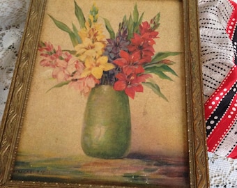 Victorian Hanky Box, Jewelry Box Lithograph Flowers on Lid, inside Mirror, Hinged Box