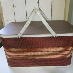 Great Vintage Picnic Basket, Excellent condition no broken Threads, Very Clean on the inside. Rust with brown and yellow, Measures 20x12,