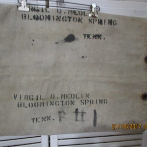 Vintage US Army Duffle Bag, Stenciled name, Virgil D. Medlin, Bloomington Springs, Tenn.