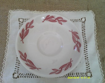 5 Buffalo China Saucers, Restaurant ware, Measures 5 1/4 inches, Pink to Rose Leaf Design, Excellent condition. Larger Saucers.