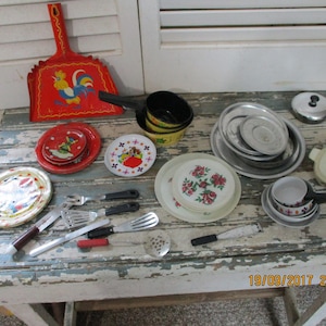 Large Collection of Vintage Tea Set Items, Any little girls dream collection. Metal and Plastic, Cooking utensils.