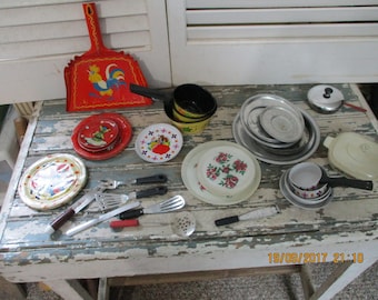 Large Collection of Vintage Tea Set Items, Any little girls dream collection. Metal and Plastic, Cooking utensils.