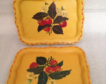 Set of 2 Hand painted Trays School Bus Yellow Strawberries and Blooms