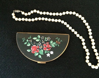 Vintage Compact Gold Compact Metalfield Compact Mirror Compact Black with Pink and Red Flowers and Green Leaves Appears Never Used