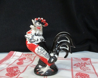 Red and Black Rooster, Marked Japan, Large Ceramic Rooster, 1970s. 7" tall.