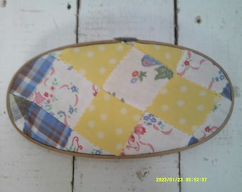 Vintage Wood 8 inch Embroidery Hoop with Handstitched Feed sack Material