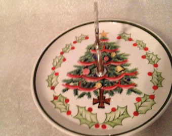 Geo. Z. Lifton Hand Painted Small Serving Plate Gold Handle Christmas Tree with Holly and Berries