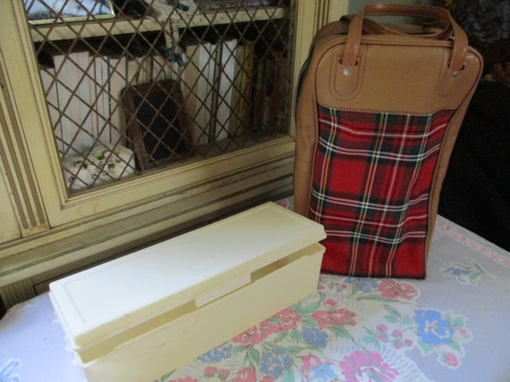 Vintage Red Plaid Picnic Carrier, Thermos brand p… - image 1