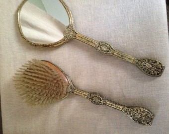 Reduced-Very Ornate Victorian Style Hand Mirror and Hair Brush Hand Stitched Embroidered Needlepoint Petit Point Floral Motif