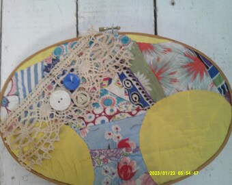 Vintage Wood 12 inch Embroidery Hoop with Handstitched Feed sack Material