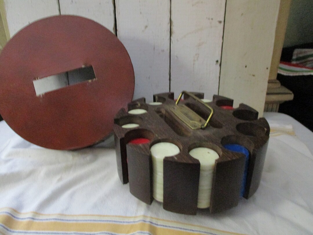 Vintage Wood Poker Chip Carousel Caddy W/ Poker Chips & Cover Etsy