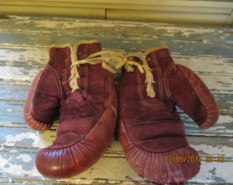 Vintage Child's Boxing Gloves, made by Draper-Maynard, Kid's pair of leather and suede boxing gloves, Rustic toys, Sports gear