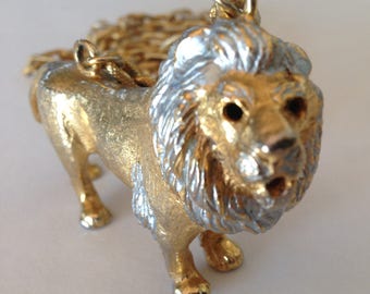 RARE Designer Lucien Piccard Couture Runway Three D Gold and Silver Tone Lion Tiger Panther Pendant Necklace Signed Lucien Piccard 164N