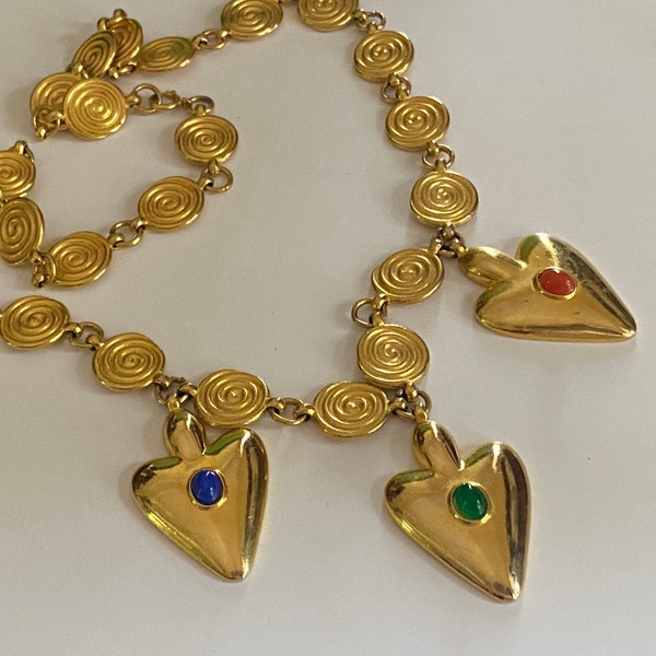 Designer Judith Leiber Etruscan Style Runway Statement Triple Heart Necklace with Green Blue Coral Lucite Center Cabochons Signed