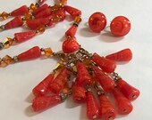 Beautiful Designer Castlecliff Swirl Art Glass Necklace Earring Set with Rhinestone Rhondelle Accents Faceted Beads Signed Castlecliff