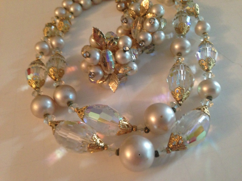 Beautiful Vendome Crystal and Faux Pearl Necklace and Earring Set Signed Vendome Demi Parure