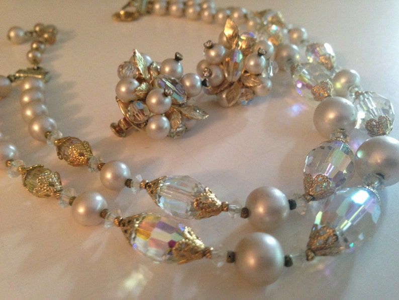 Beautiful Vendome Crystal and Faux Pearl Necklace and Earring Set Signed Vendome Demi Parure