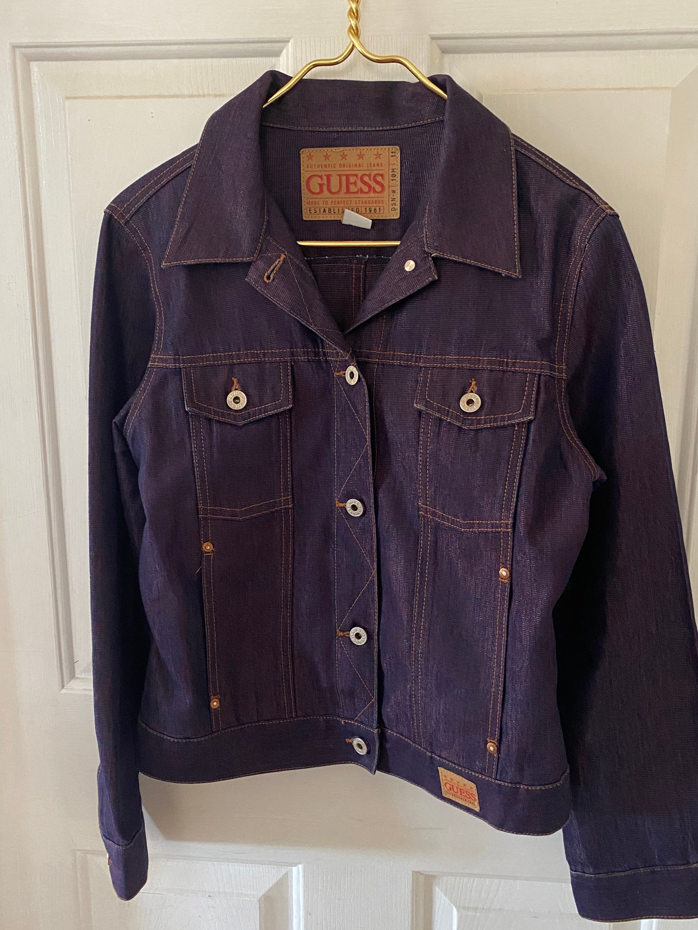 Cool Vintage Designer GUESS Purple Metallic Denim Jean Jacket Size M