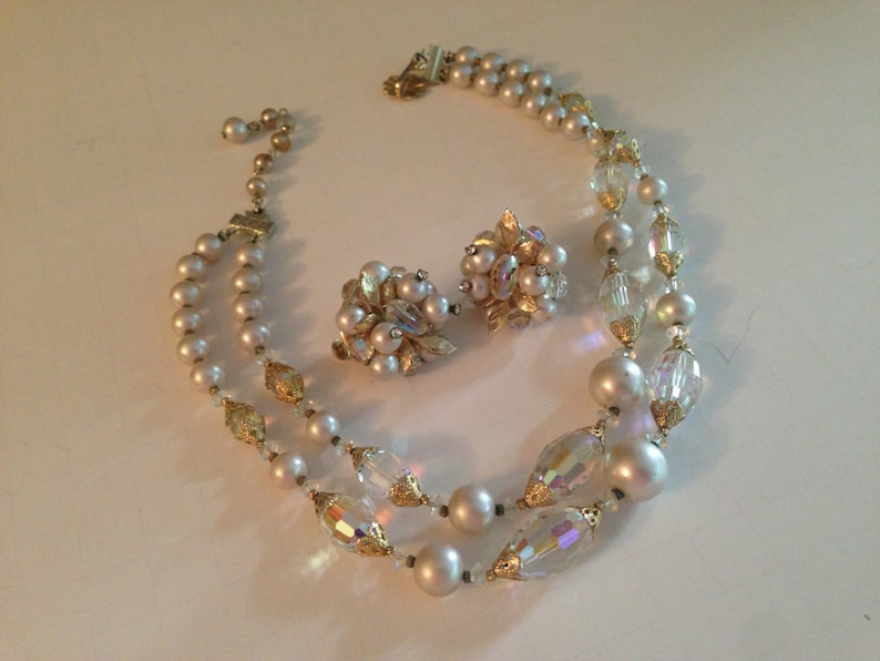 Beautiful Vendome Crystal and Faux Pearl Necklace and Earring Set Signed Vendome Demi Parure