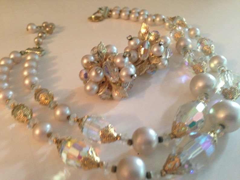 Beautiful Vendome Crystal and Faux Pearl Necklace and Earring Set Signed Vendome Demi Parure