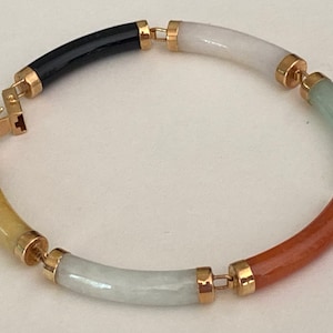 ESTATE 14K Yellow Gold Jade Onyx Carnelian Semi Precious Stone Asian Style Panel Link Bracelet Marked 14k 585 10.2 Grams