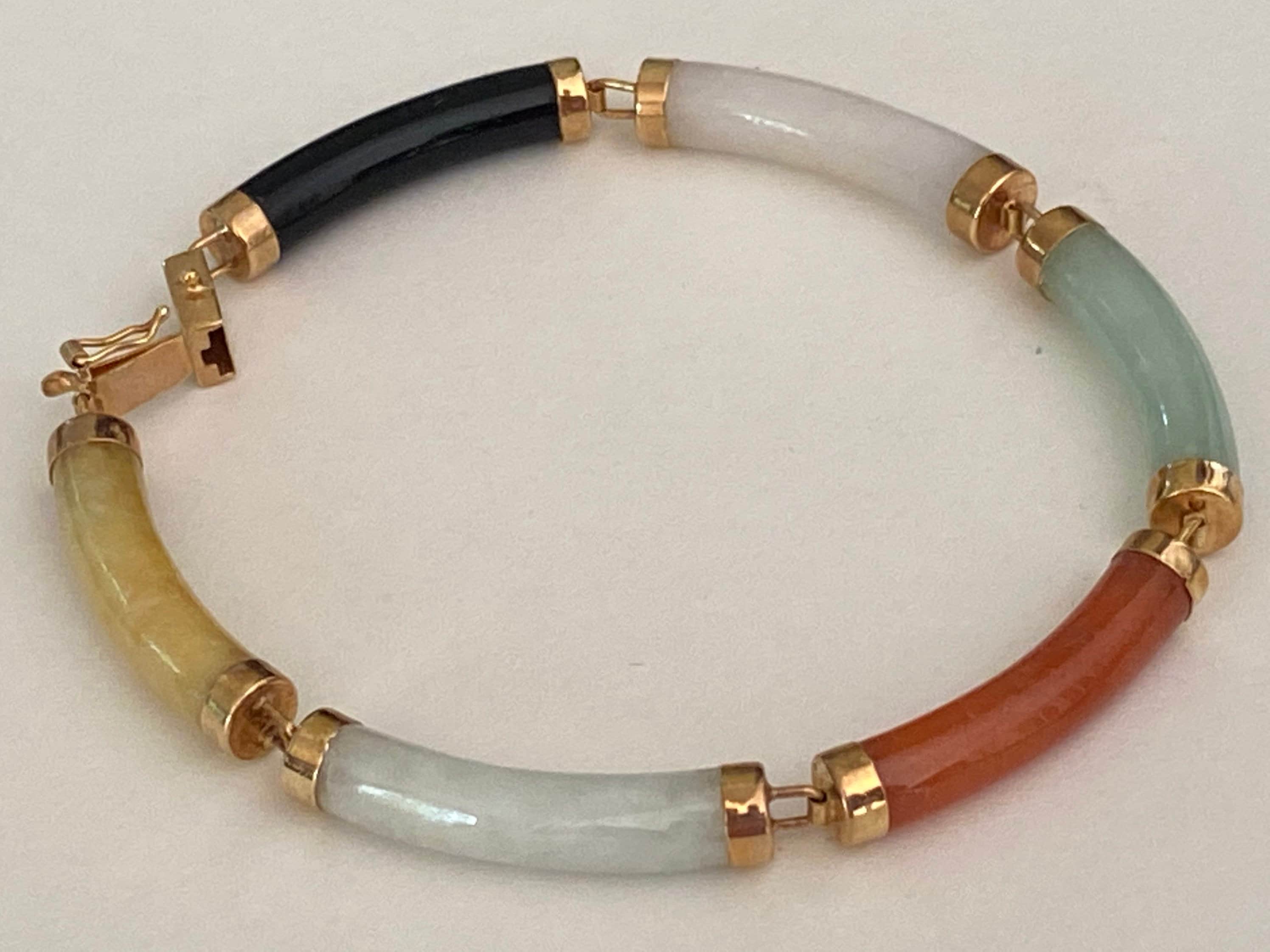 ESTATE 14K Yellow Gold Jade Onyx Carnelian Semi Precious Stone Asian Style  Panel Link Bracelet Marked 14k 585 10.2 Grams