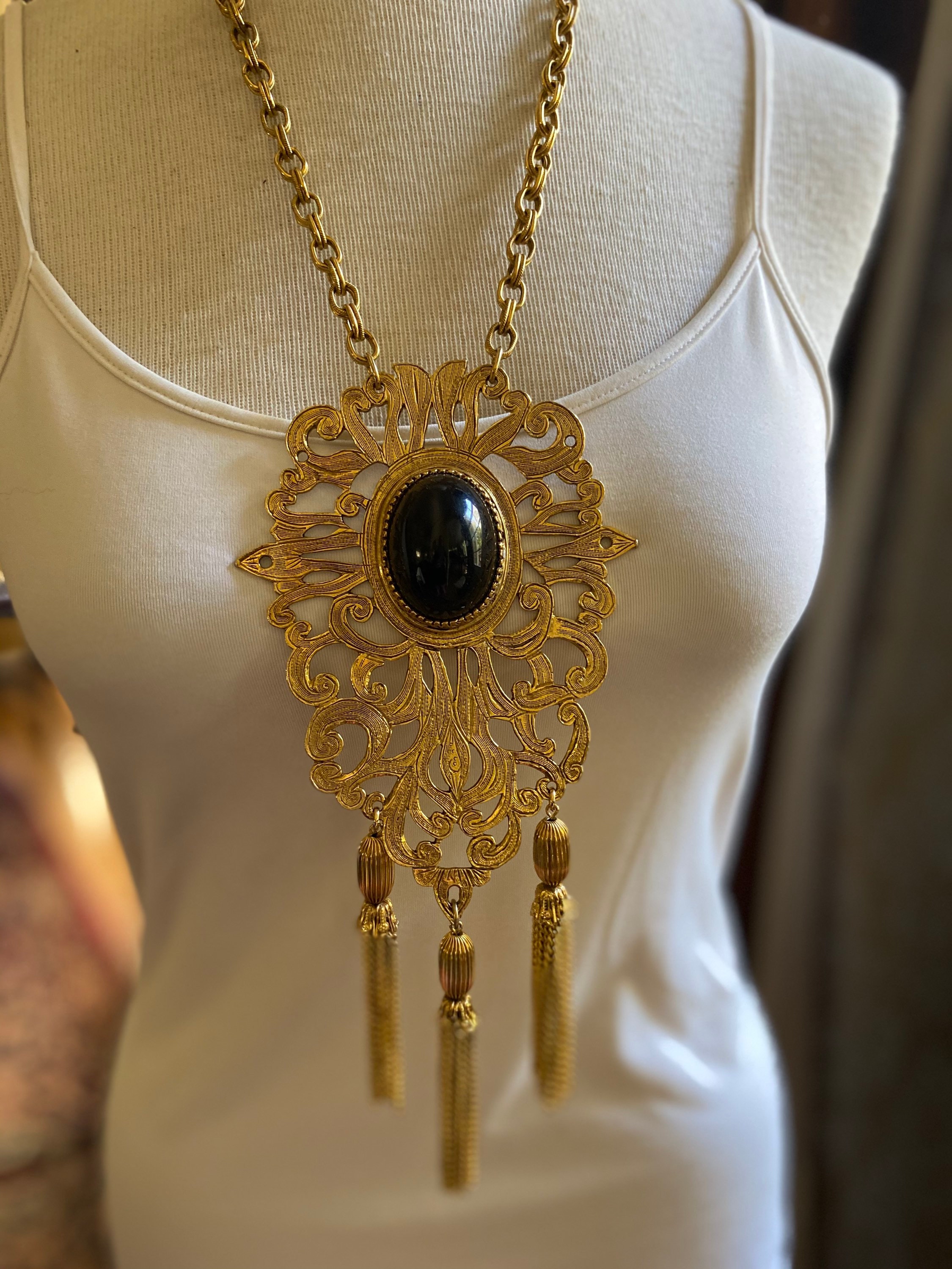 HUGE Designer Pauline Rader Ornate Etruscan Revival Necklace with Black ...