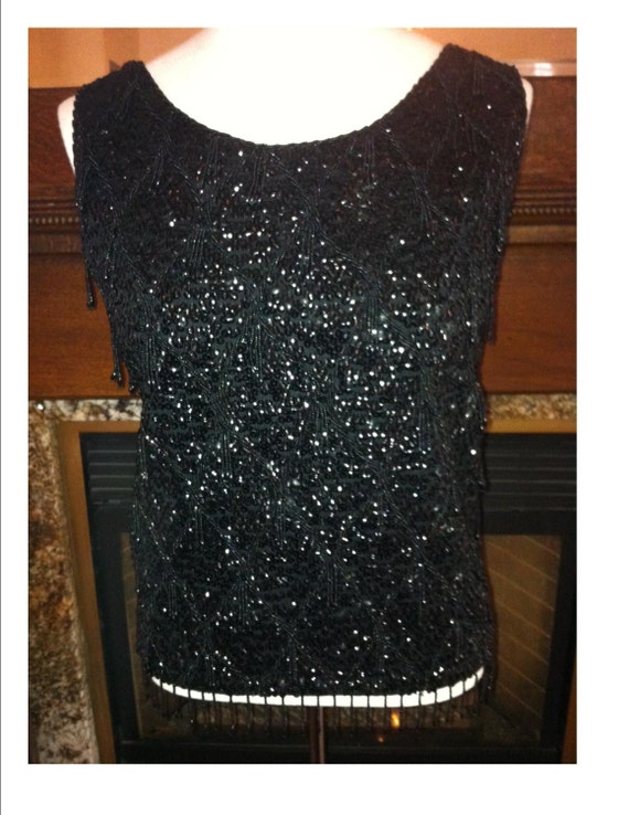 1960s Vintage Black Hand Beaded and Sequined Tank… - image 1