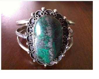 TAXCO Vintage Mexican Sterling and Turquoise HUGE Cuff Bracelet with Triple Banded Design STUNNING Large Turqoise Center Medallion Taxco