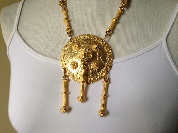 Runway Haute Couture Donald Stannard Ornate Etruscan Lion Door Knocker Bold Satement Pendant Necklace Signed Donald Stannard