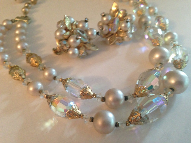 Beautiful Vendome Crystal and Faux Pearl Necklace and Earring Set Signed Vendome Demi Parure