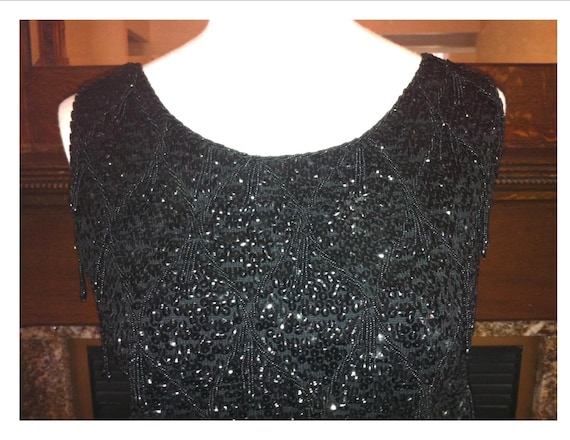 1960s Vintage Black Hand Beaded and Sequined Tank… - image 2