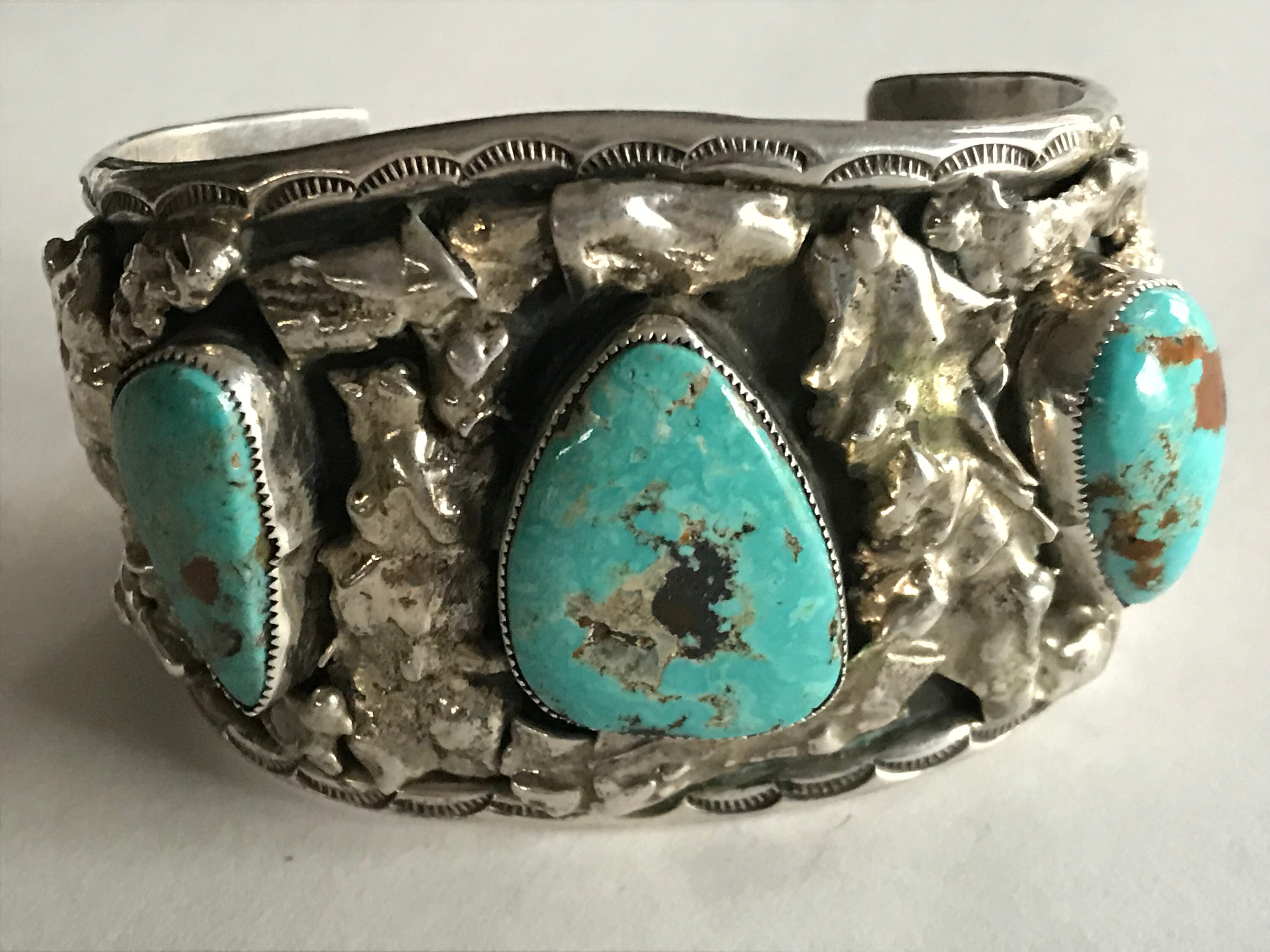Spectacular Native American Old Pawn Sterling Silver Turquoise HEAVY