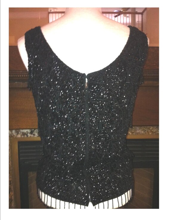 1960s Vintage Black Hand Beaded and Sequined Tank… - image 4