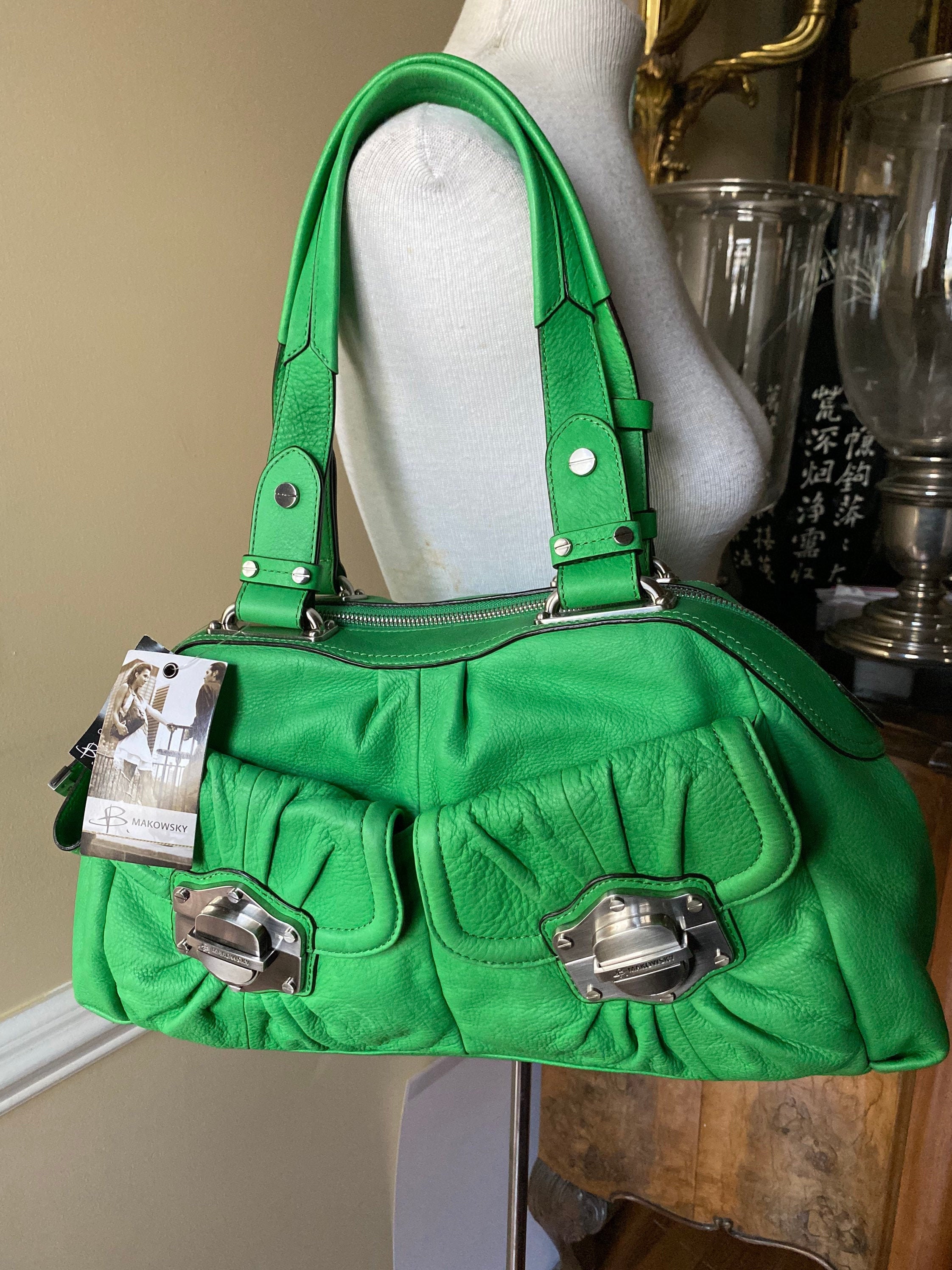 Vintage Designer B Makowsky Fabulous Vibrant Green Purse Handbag Crossbody Genuine Leather NWT