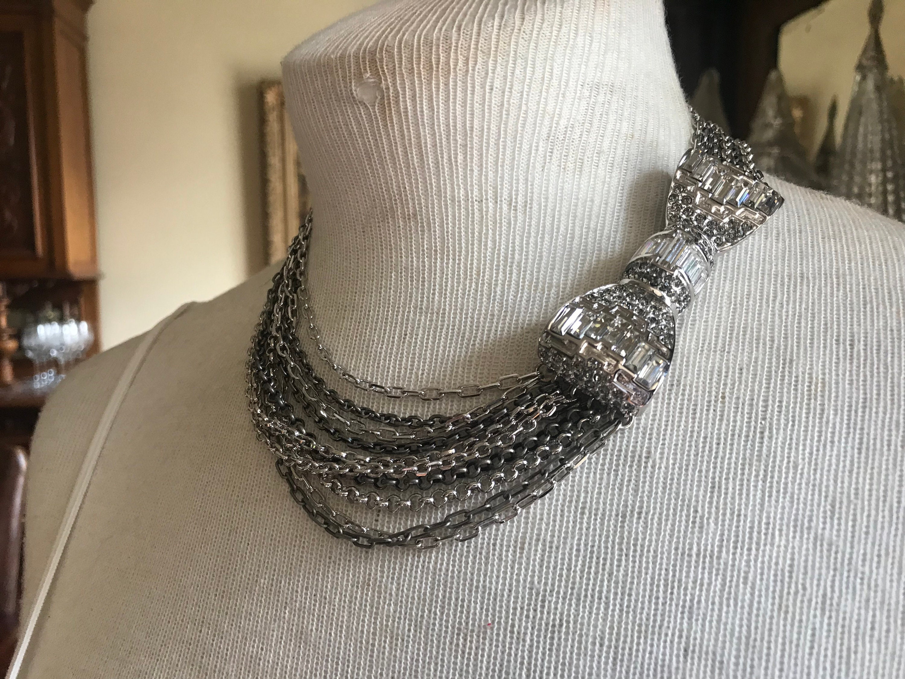 Beautiful Designer Judith Leiber Rhinestone Multi Chain Bow Tie Collar ...