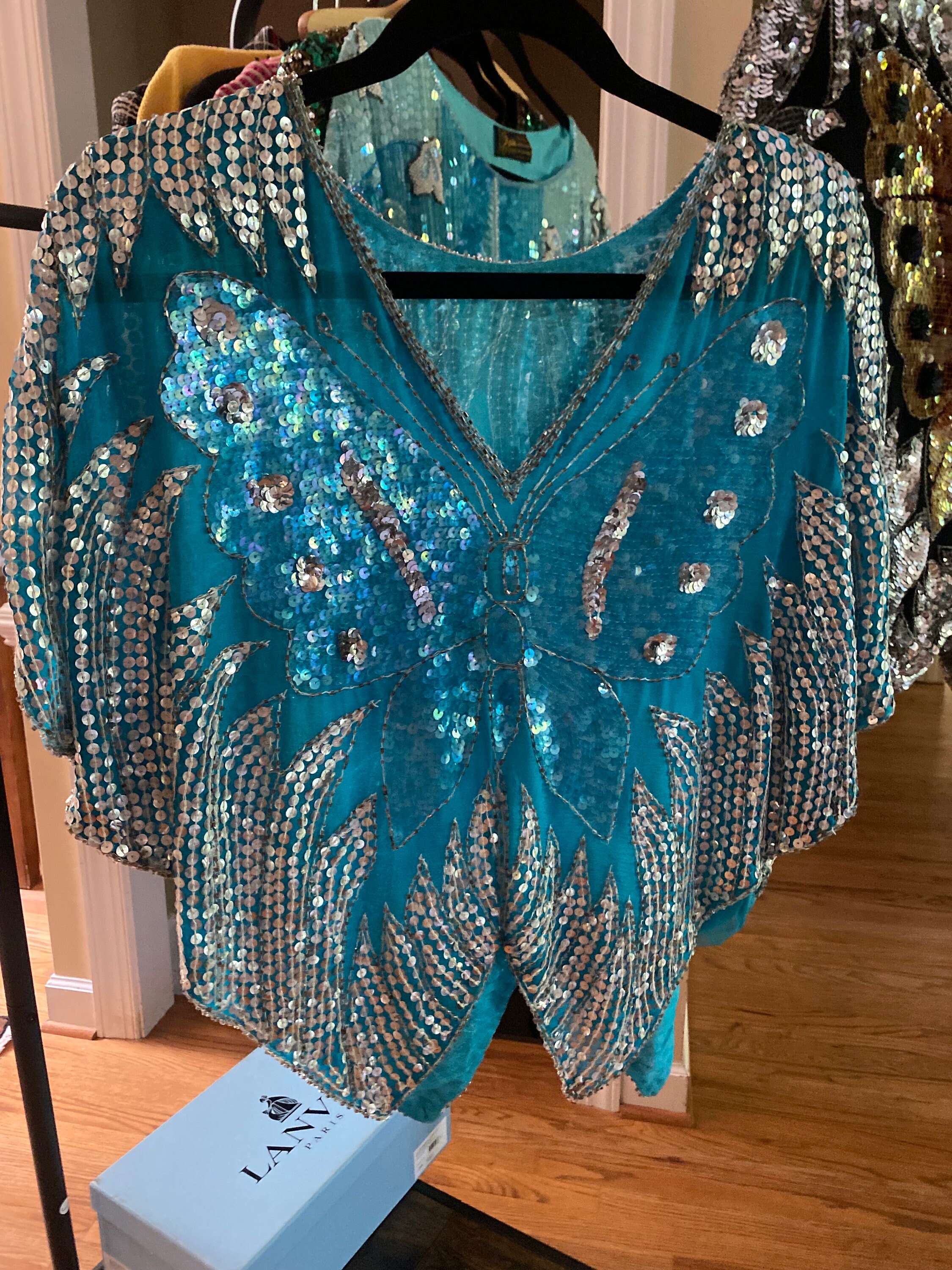 Beautiful Turquoise Blue Silver Sequin Shimmer Butterfly Top Beautiful Turquoise Blue Silver Sequin Shimmer Butterfly Top